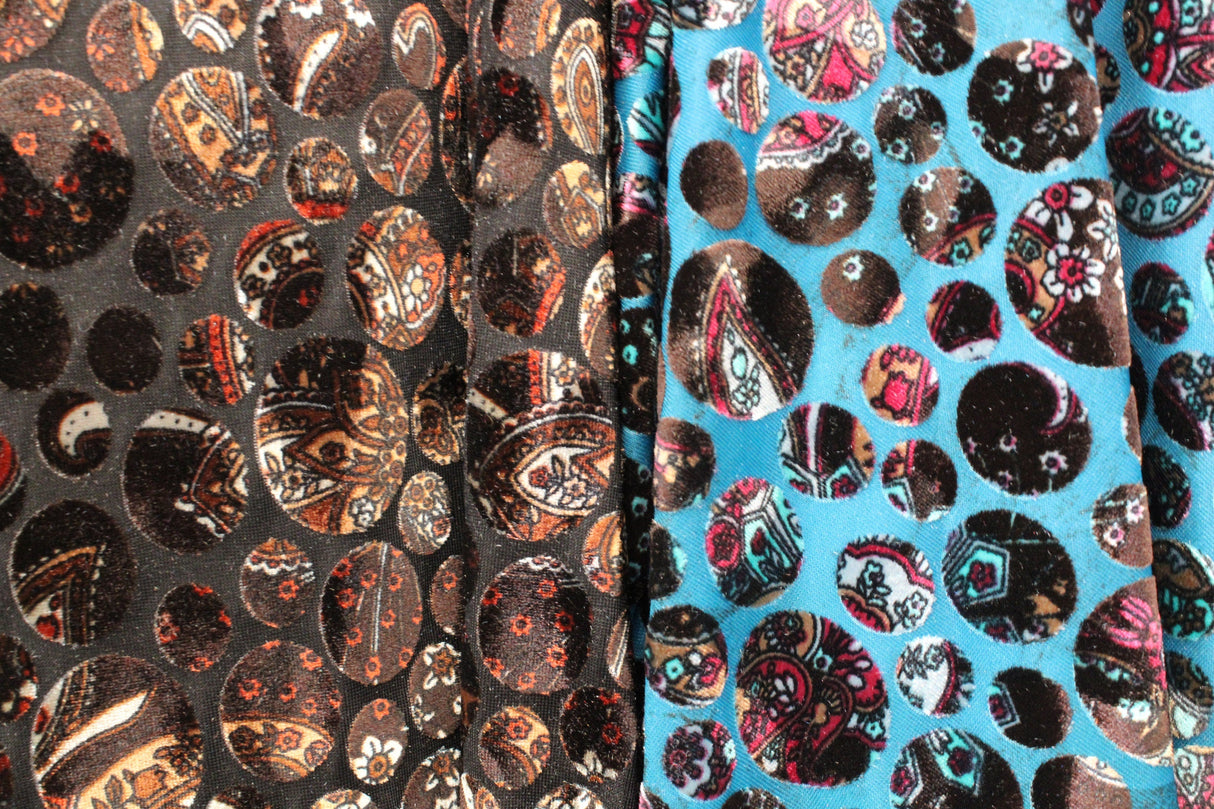 Paisley Dots Burnout Velvet Fabric - Teal, Brown Paisley Dots, 36" Width (1 Yard)