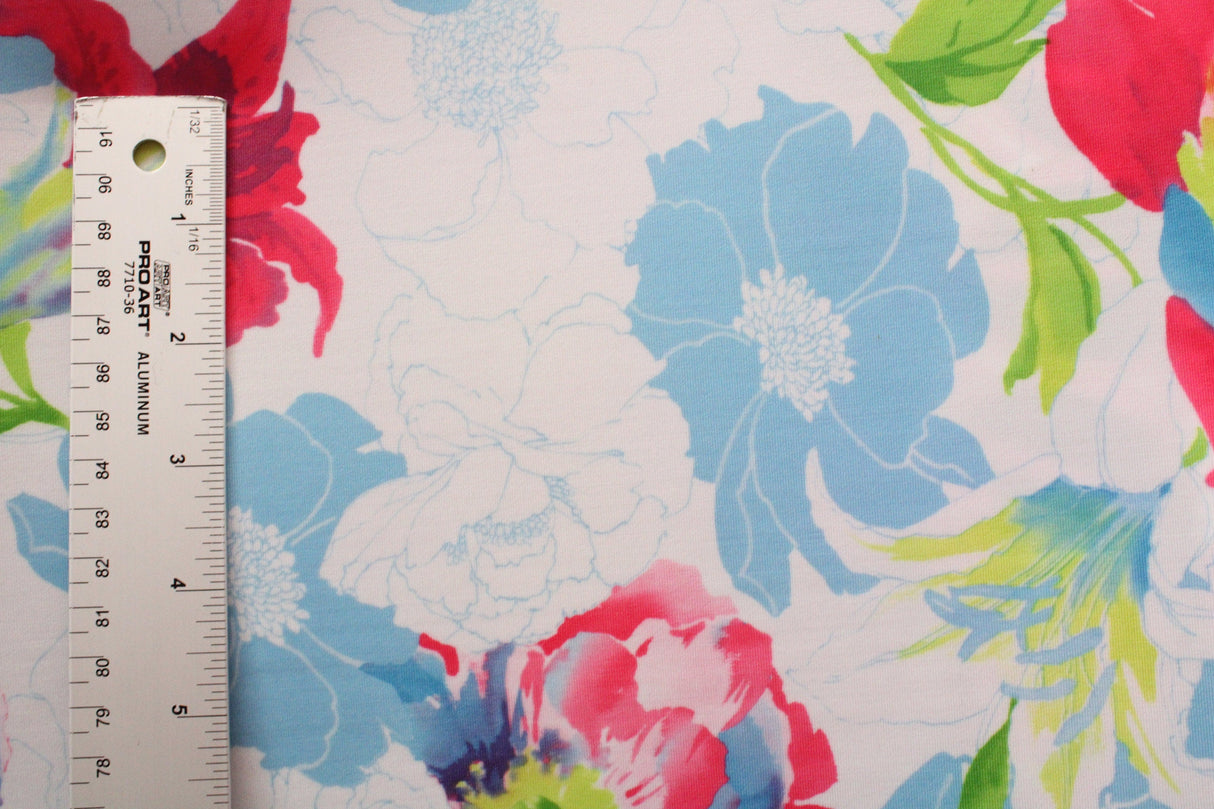 Pink And Blue Floral Print Polyester Spandex Fabric - Pink And Blue Floral Print, 58"/60" Width (1 Yard)