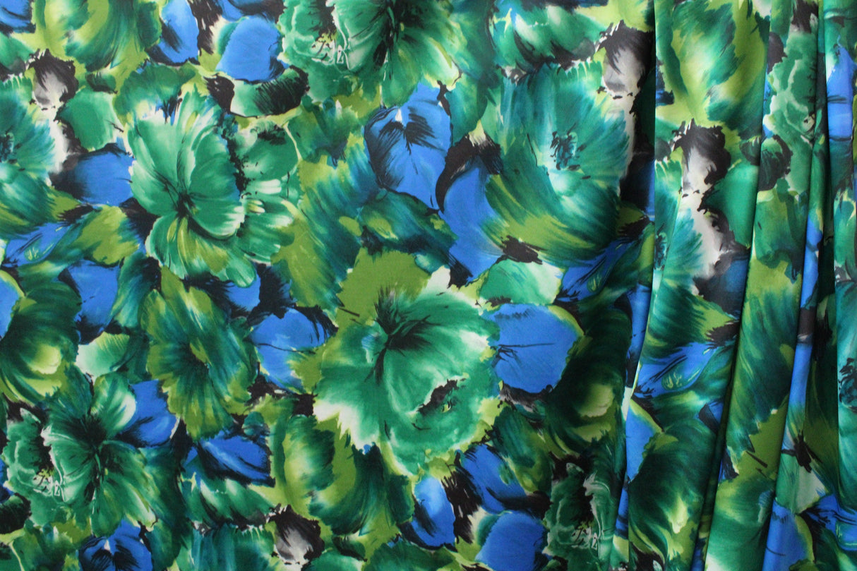 Blue And Green Floral Polyester Spandex Fabric - Blue And Green Floral Print, 58/60" Width (1 Yard)