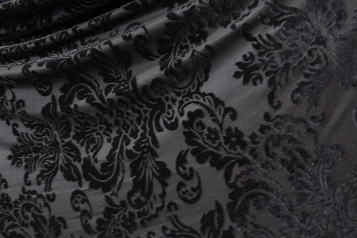 Damask Royal Floral Burnout Velvet Fabric - Black, Gold Damask Floral, 36" X 60" (1 Yard)