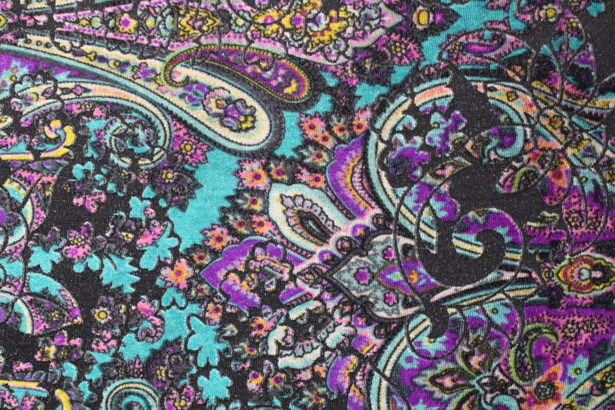Teal And Purple Paisley Burnout Velvet Fabric - Teal And Purple Paisley, 4-Way Stretch (1 Yard)