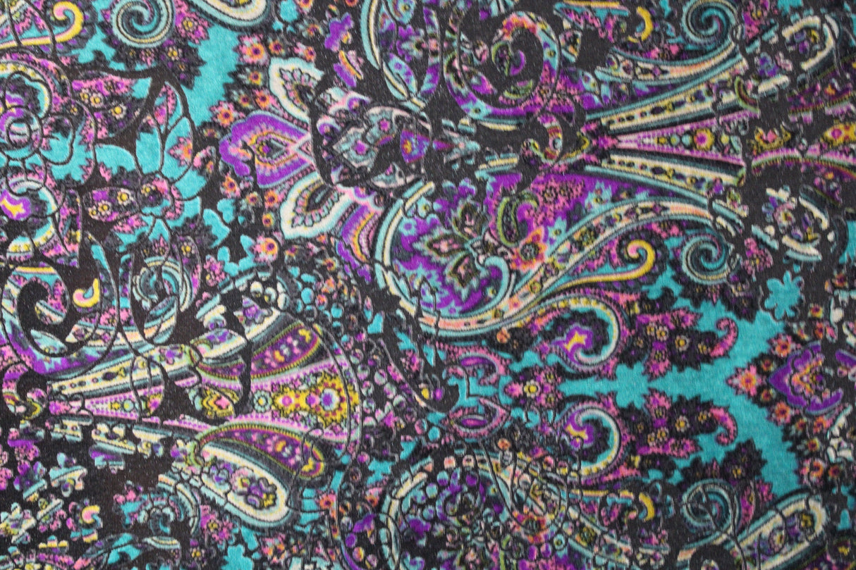 Teal And Purple Paisley Burnout Velvet Fabric - Teal And Purple Paisley, 4-Way Stretch (1 Yard)