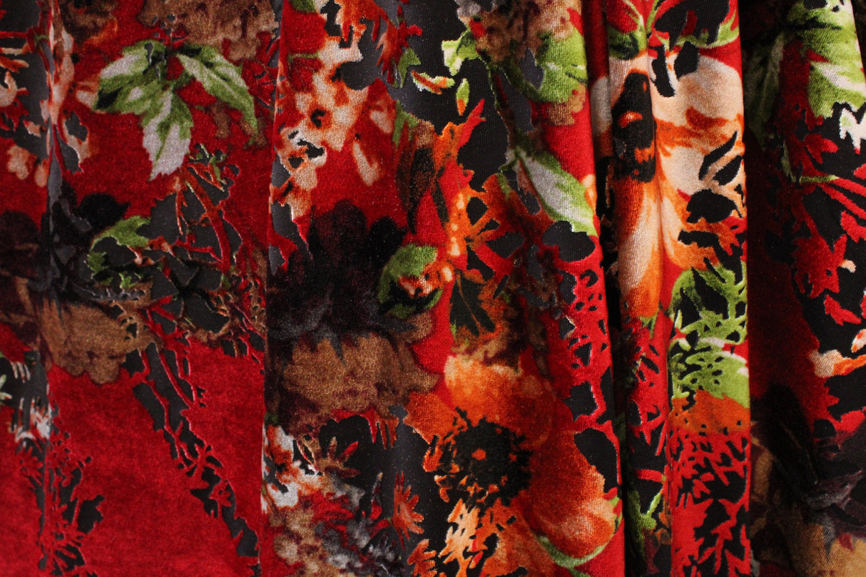 Red And Orange Floral Burnout Velvet Fabric - Red And Orange Floral, 4-Way Stretch, 1 Yard (Yard)