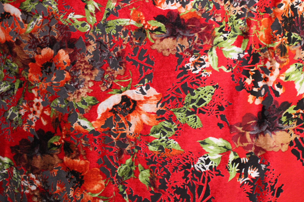 Red And Orange Floral Burnout Velvet Fabric - Red And Orange Floral, 4-Way Stretch, 1 Yard (Yard)