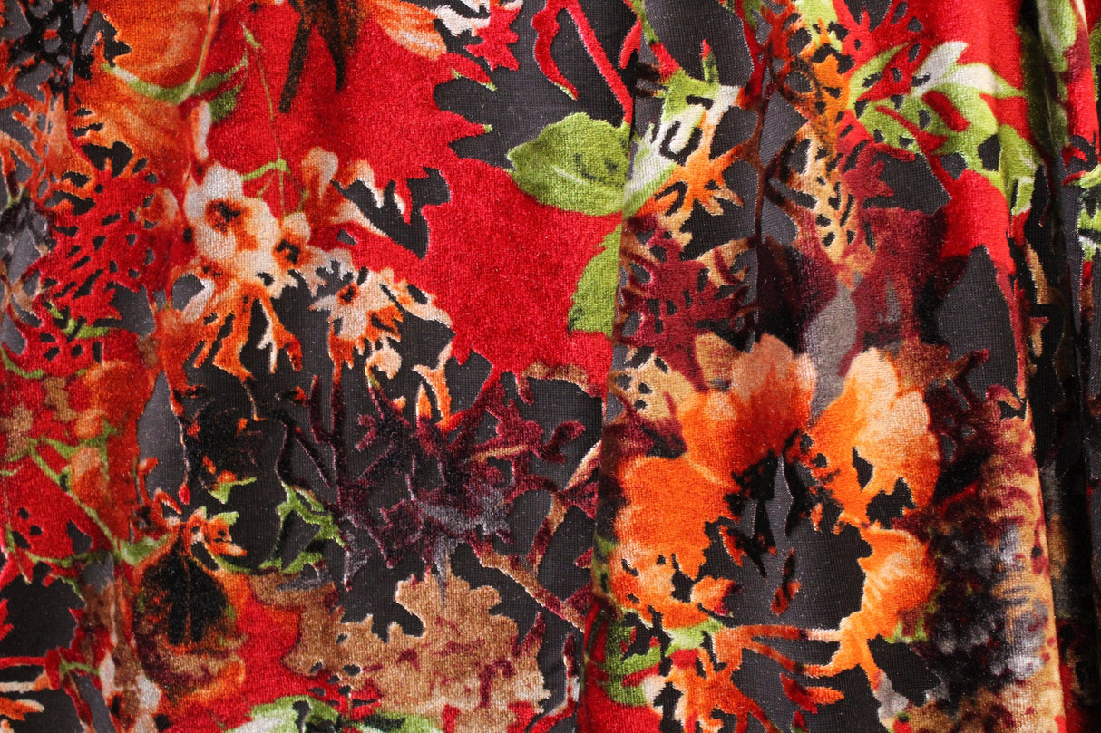 Red And Orange Floral Burnout Velvet Fabric - Red And Orange Floral, 4-Way Stretch, 1 Yard (Yard)