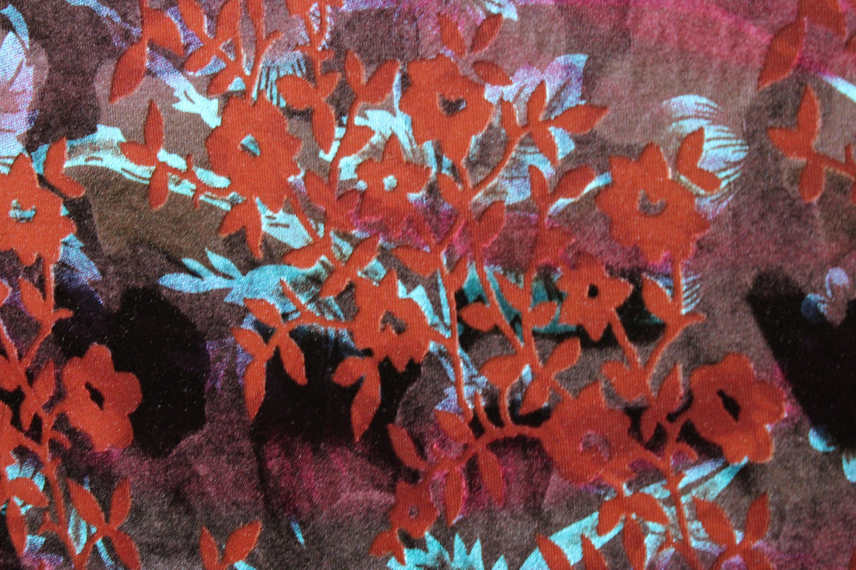 Dainty Floral Burnout Velvet Fabric - Rust/Purple Floral, 36" X 60" Width (1 Yard)
