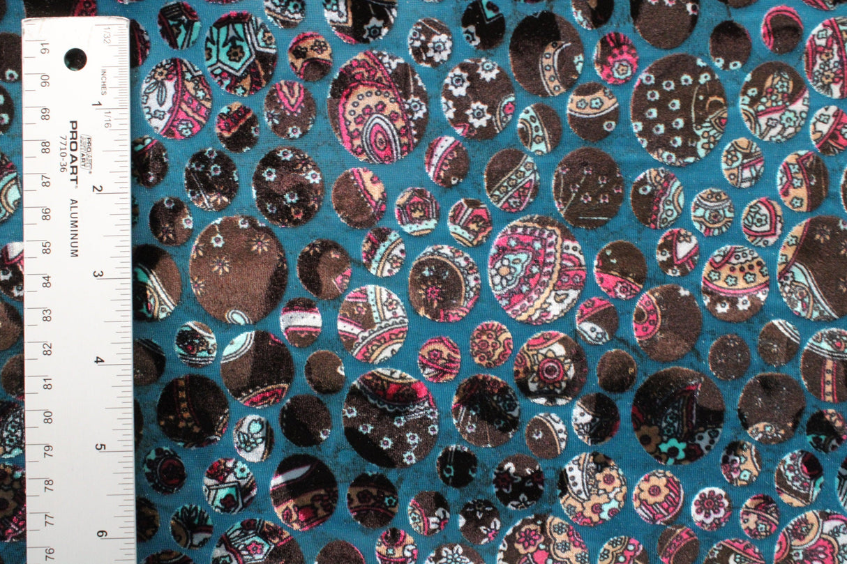 Paisley Dots Burnout Velvet Fabric - Teal, Brown Paisley Dots, 36" Width (1 Yard)