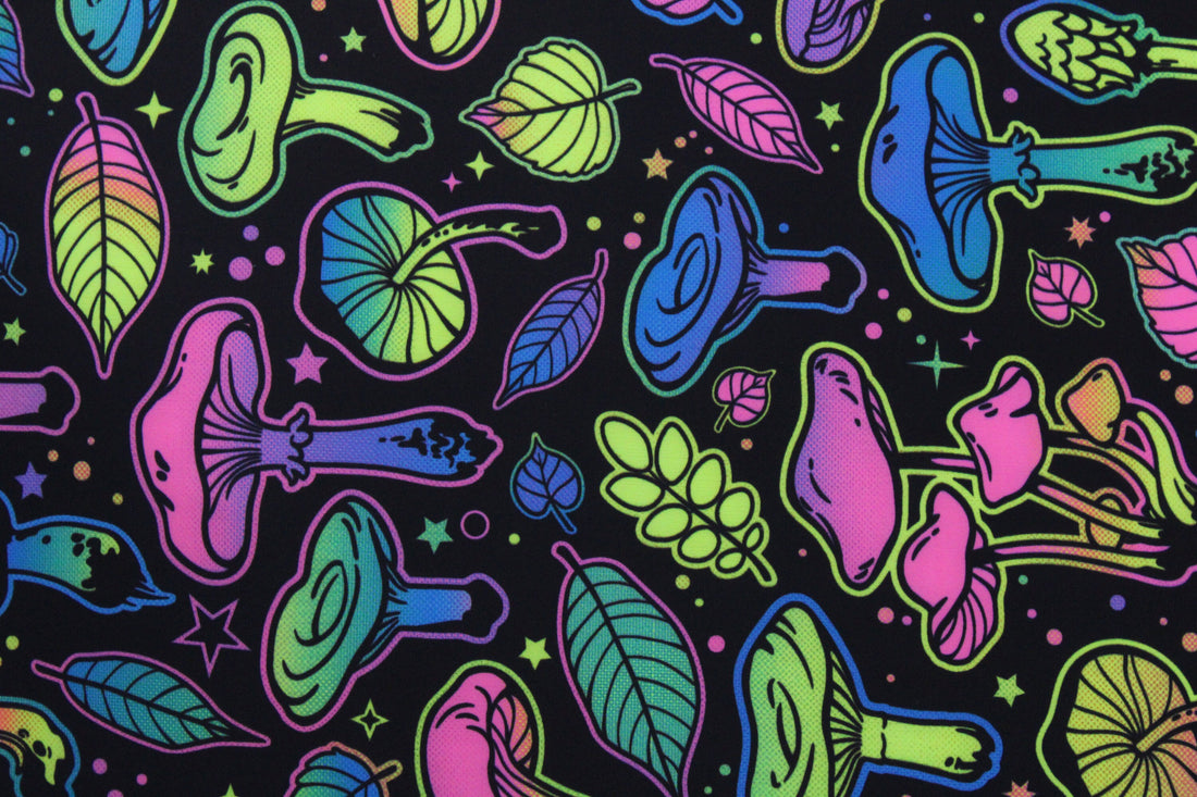 1 Yard Psychedelic Mushroom Blacklight Reactive Four Way Stretch Spandex Fabric for Swimwear 58"/60" Width