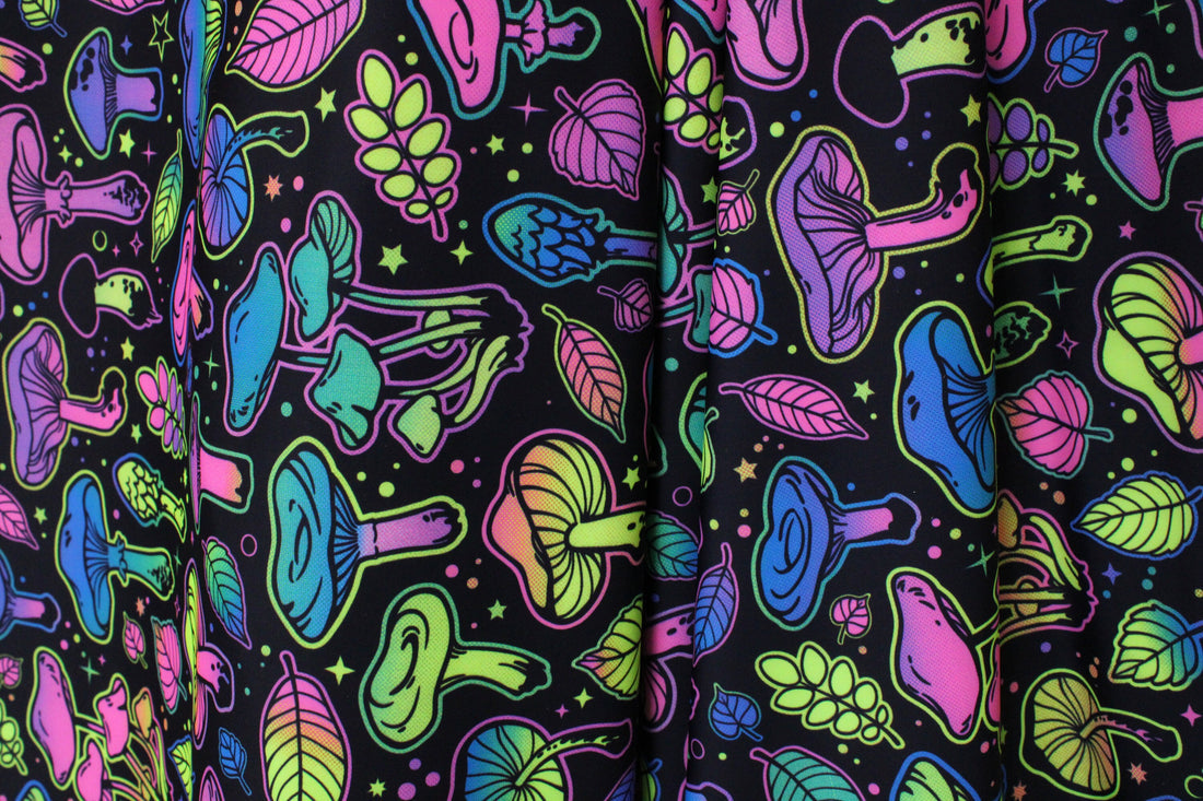 1 Yard Psychedelic Mushroom Blacklight Reactive Four Way Stretch Spandex Fabric for Swimwear 58"/60" Width