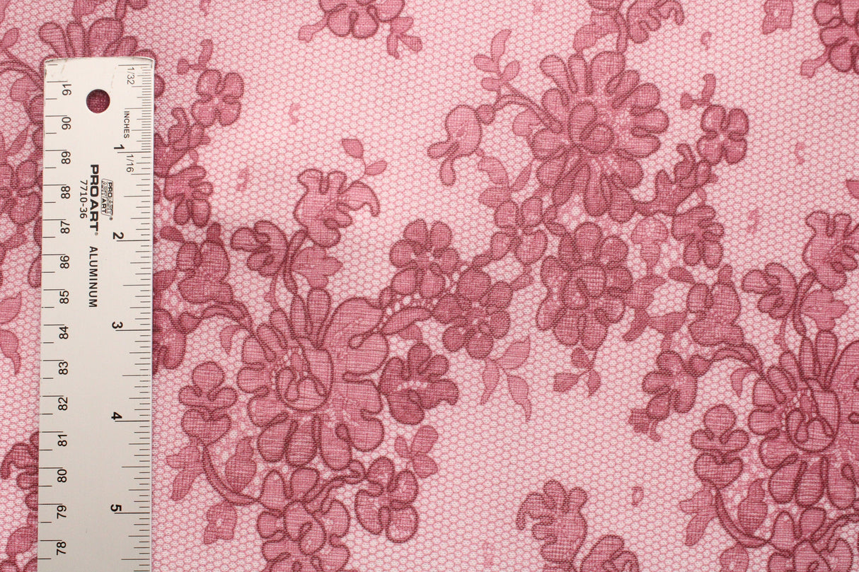 Pink Lace Printed Mesh Fabric - Pink Lace, 4-Way Stretch, 36" X 60" (1 Yard)