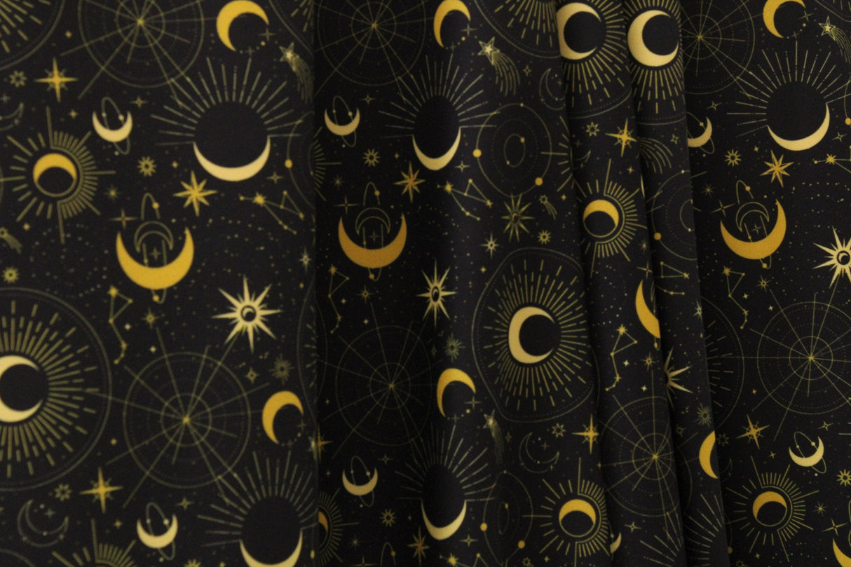 Black & Gold Midnight Sky Polyester Spandex Fabric - Black And Gold Printed, 58/60" Width (1 Yard)