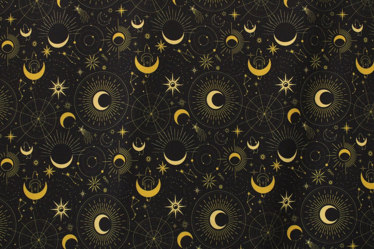 Black & Gold Midnight Sky Polyester Spandex Fabric - Black And Gold Printed, 58/60" Width (1 Yard)
