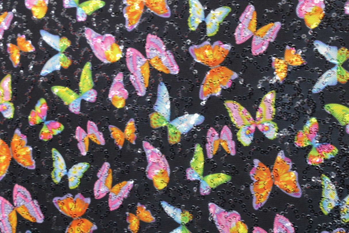 Butterflies 4-Way Stretch Sequin Mesh Fabric - Printed Butterflies, 36" X 60" (1 Yard)