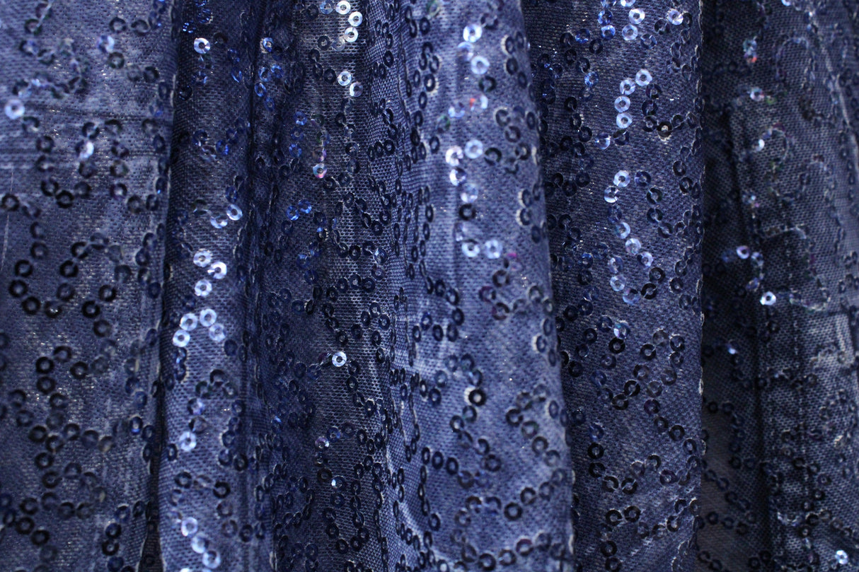 Denim Patchwork Stretch Sequin Mesh Fabric - Denim Patchwork Print, 36" X 60" (1 Yard)