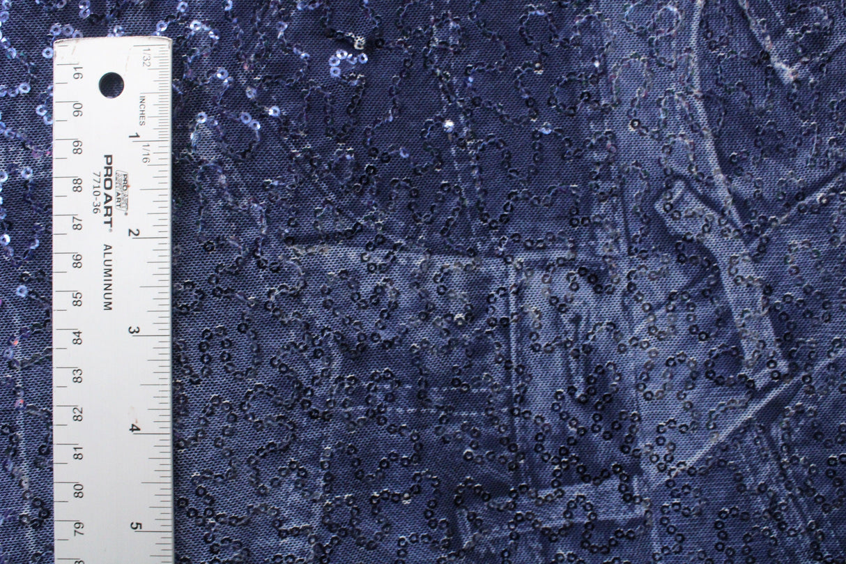 Denim Patchwork Stretch Sequin Mesh Fabric - Denim Patchwork Print, 36" X 60" (1 Yard)