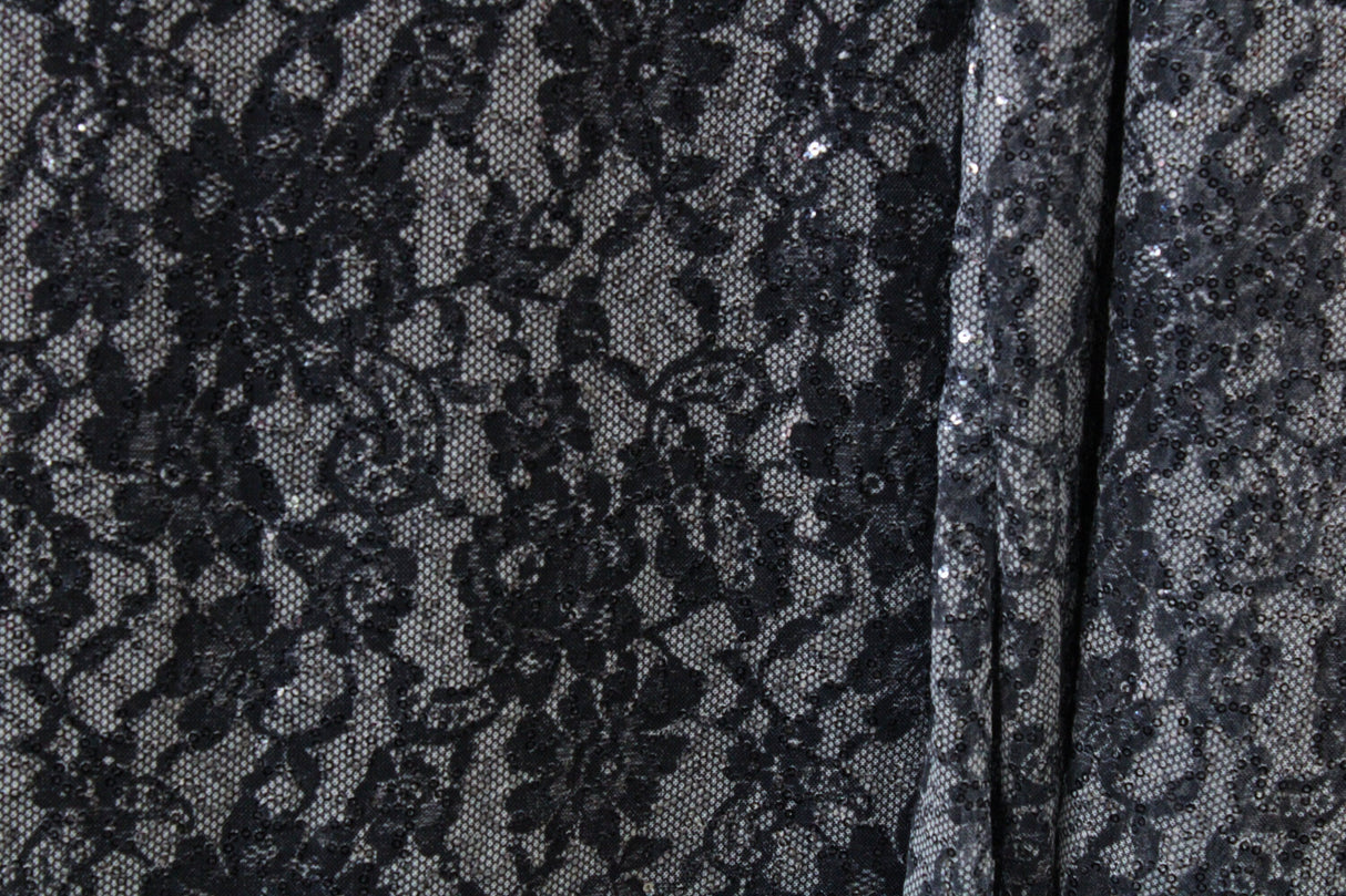 Black Lace 4-Way Stretch Sequin Mesh Fabric - Black Lace, 36" X 60" (1 Yard)