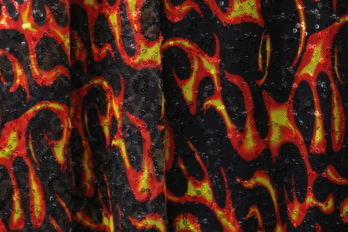 Flames Stretch Sequin Mesh Fabric - Red Flame Print, 36" X 60" (1 Yard)