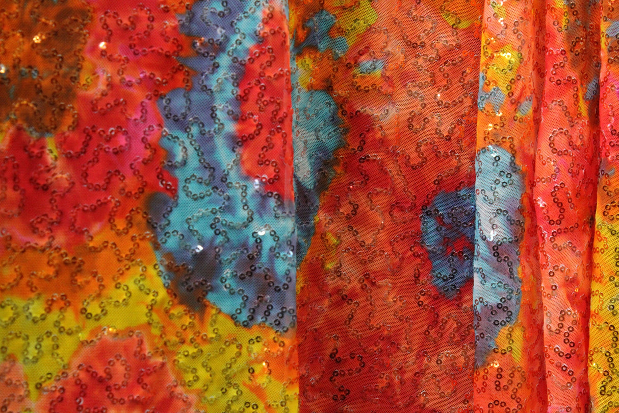 Rainbow Tie Dye Stretch Sequin Mesh Fabric - Rainbow Tie Dye Print, 36" X 60" (1 Yard)