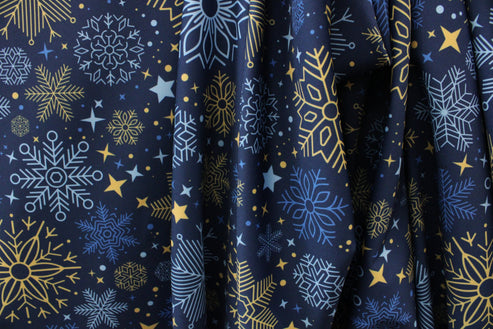 1 Yard Blue and Gold Snowflakes Stretch Spandex Fabric for Swimwear Dancewear Costumes 58"/60" Width