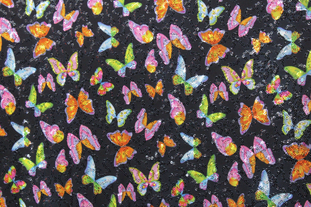 Butterflies 4-Way Stretch Sequin Mesh Fabric - Printed Butterflies, 36" X 60" (1 Yard)