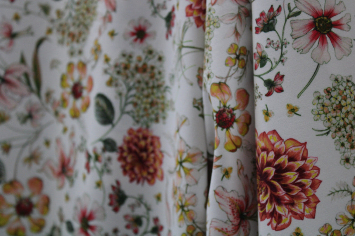 White Boho Floral Spandex Fabric - White Floral, 58"/60" Width (1 Yard)