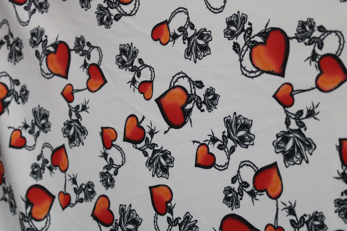 White Tattoo Hearts Polyester Spandex Fabric - Red, Black And White Tattoo Hearts, 58"/60" Width (Yard (36" X 60"))