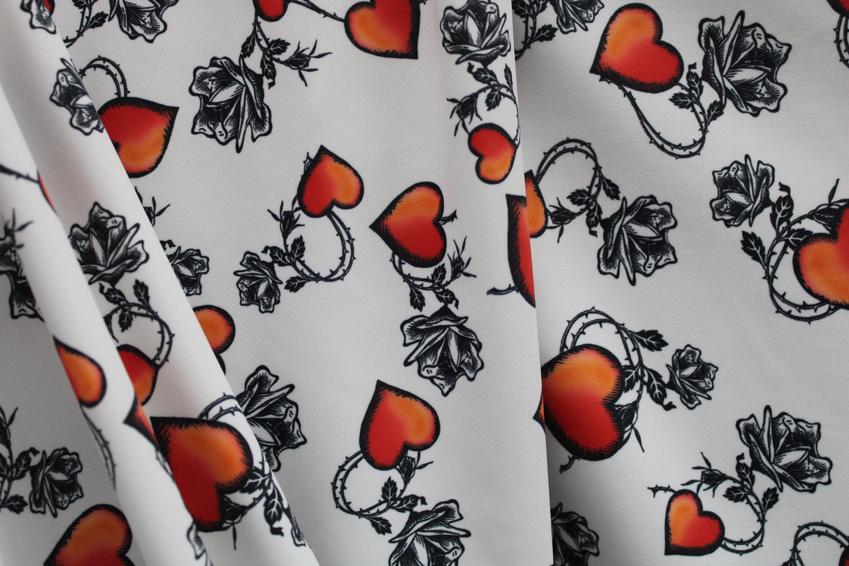 White Tattoo Hearts Polyester Spandex Fabric - Red, Black And White Tattoo Hearts, 58"/60" Width (Yard (36" X 60"))