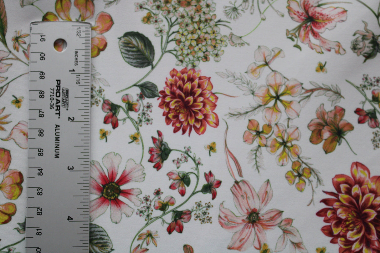 White Boho Floral Spandex Fabric - White Floral, 58"/60" Width (1 Yard)
