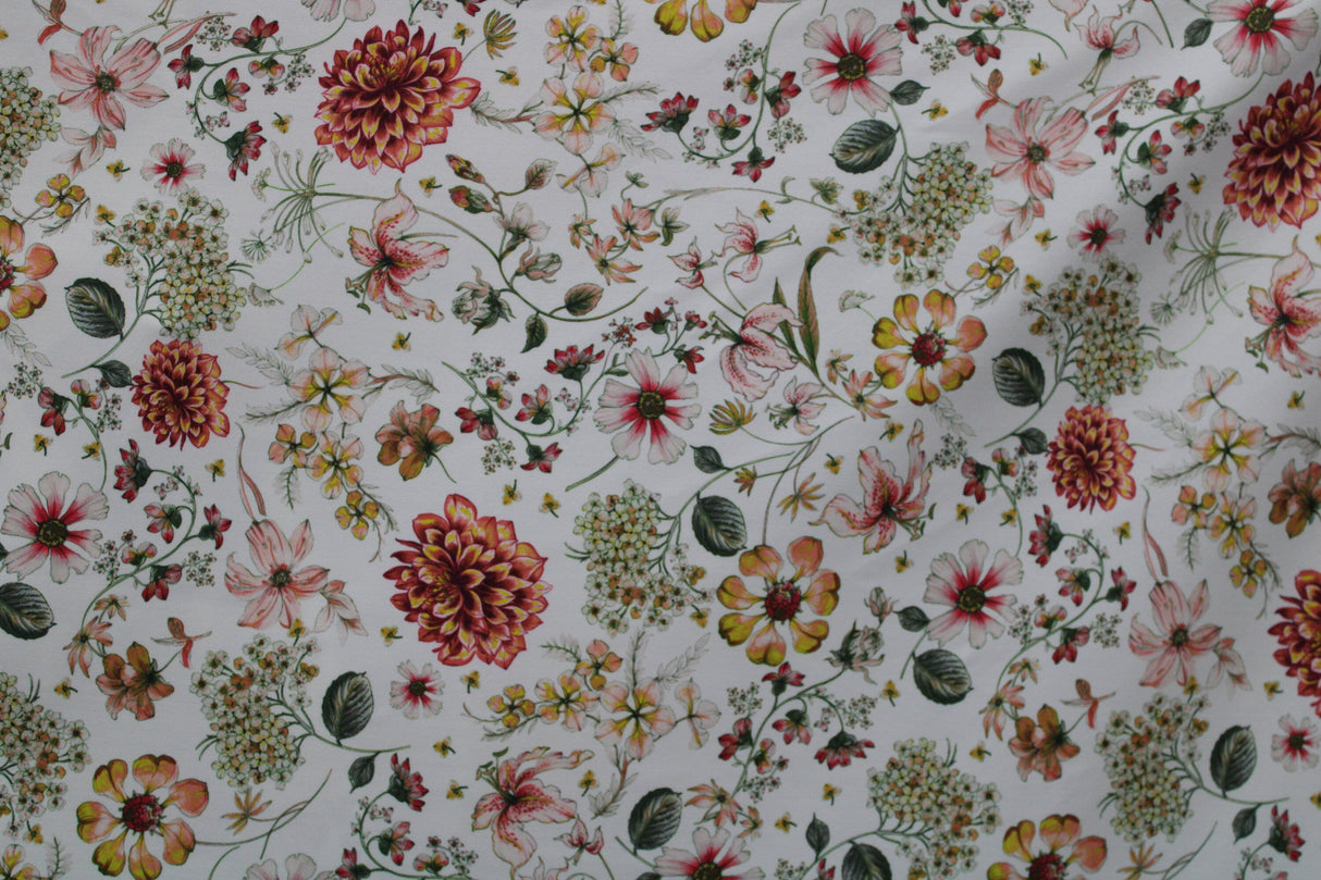 White Boho Floral Spandex Fabric - White Floral, 58"/60" Width (1 Yard)