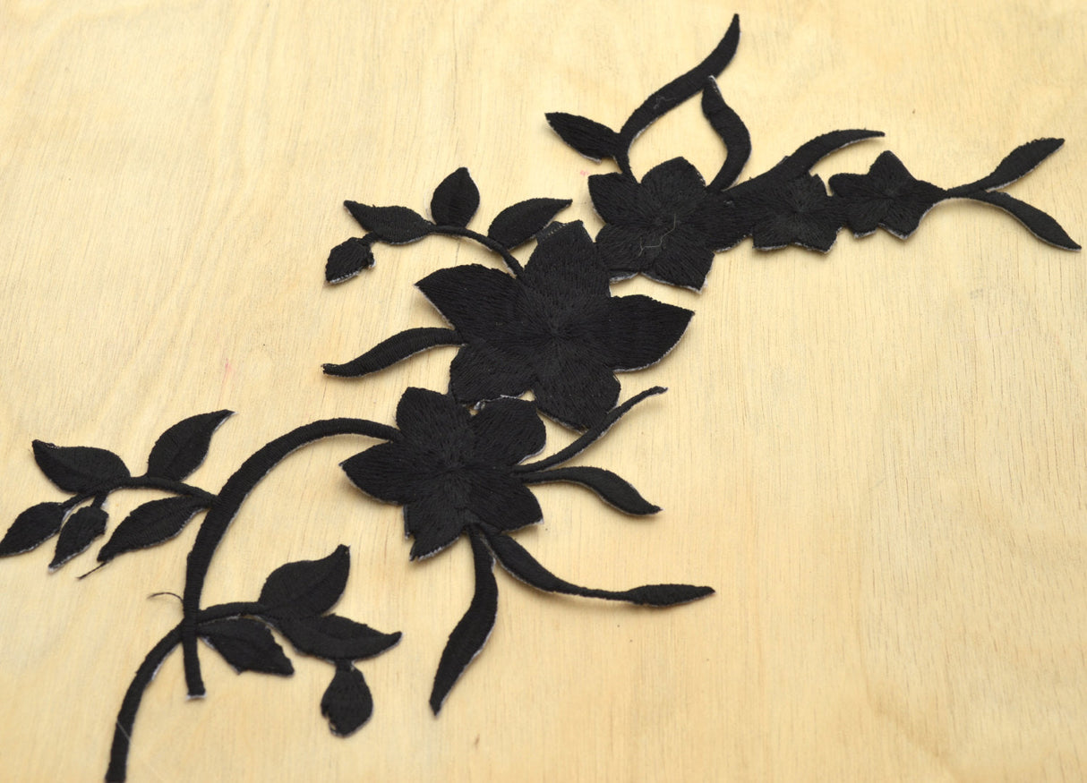 Embroidered Flower Patch Black Iron-On Applique