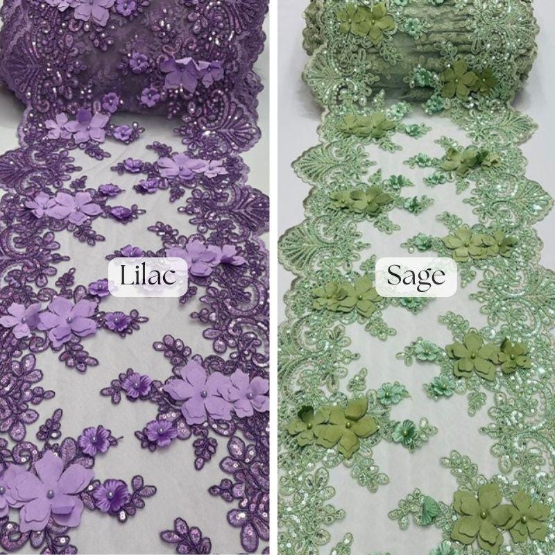 Beaded Lace Table Runner With Pearls And Sequins 3D Embroidered Lace Fabric - Baby Blue, 13" Wide