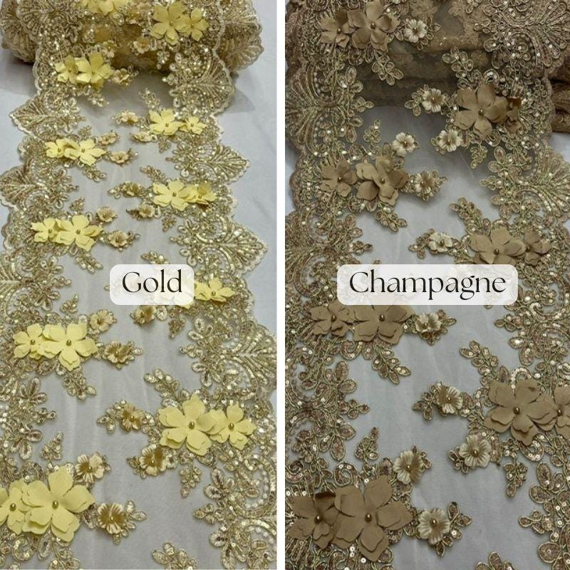 Beaded Lace Table Runner With Pearls And Sequins 3D Embroidered Lace Fabric - Baby Blue, 13" Wide