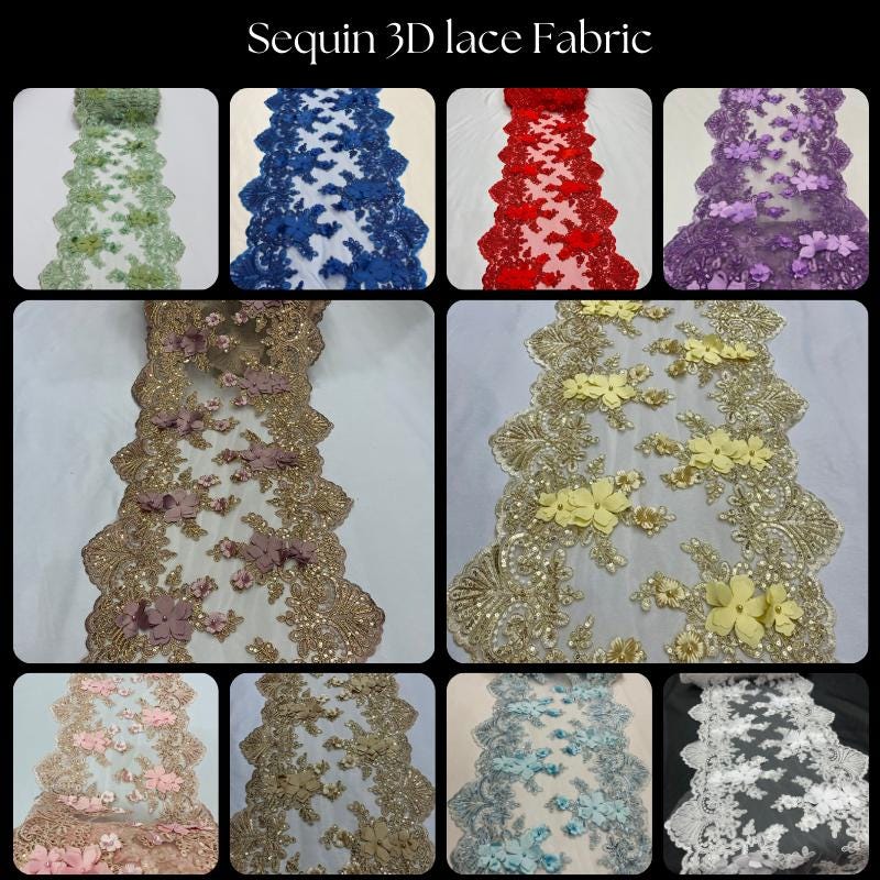 White Beaded Lace Table Runner 3D Floral Lace Fabric - White, Pearls And Sequins, 13" Width