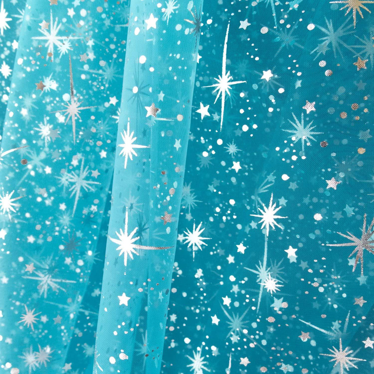 Star Bursts Sheer Organza Fabric - Turquoise, White, Pink Starburst Pattern, 58/60" Width (1 Yard)