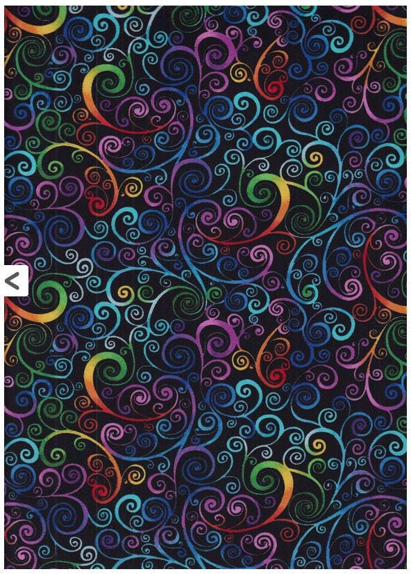 Quilting Cotton Black Rainbow Scrolls 100% Cotton