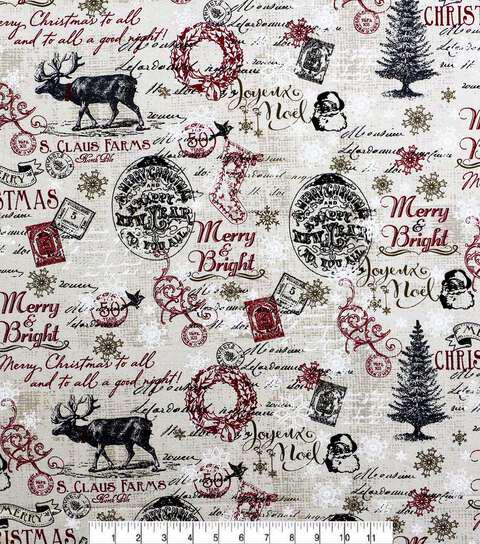 Cotton Canvas Merry & Bright on White Christmas Fabric