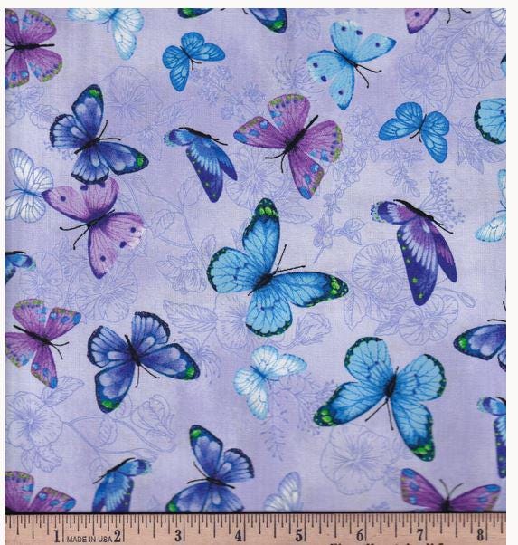Quilting Cotton Blue Purple Butterflies 100% Cotton