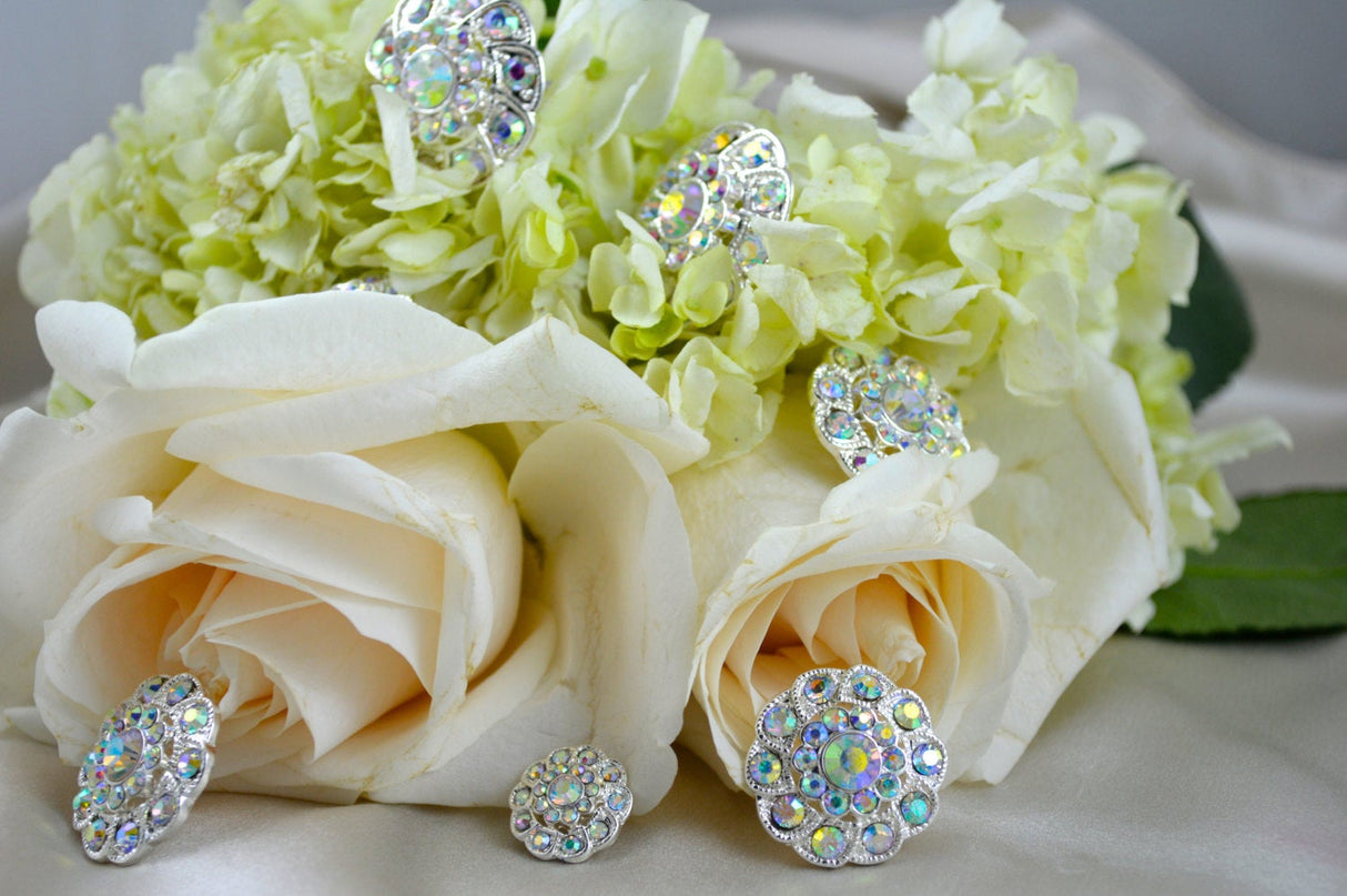 Rhinestone Button Silver AB Flower
