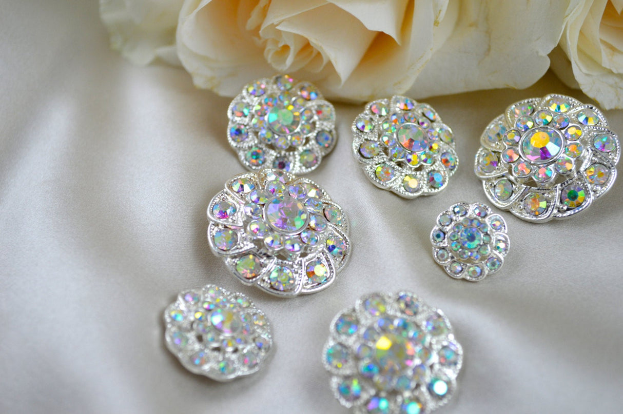 Rhinestone Button Silver AB Flower