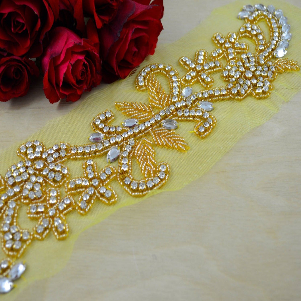 Rhinestone Applique Gold Beaded Flower Branch