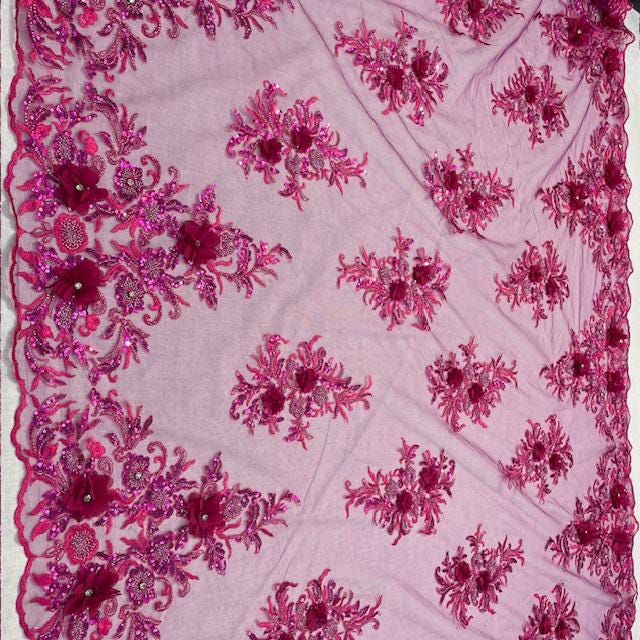 VT-32 3D Beaded Lace Fabric - Burgundy, 54-55" Width (1 Yard)