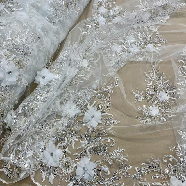 VT-32 3D Beaded Lace Fabric - Burgundy, 54-55" Width (1 Yard)