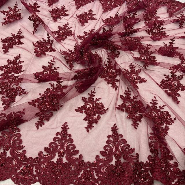Luxury Beaded Lace Fabric - Embroidered Tulle, Baby Blue, Black, Burgundy, Champagne, Dusty Rose, Gold, Hunter Green, Lilac, Navy Blue, Sage (1 Yard)