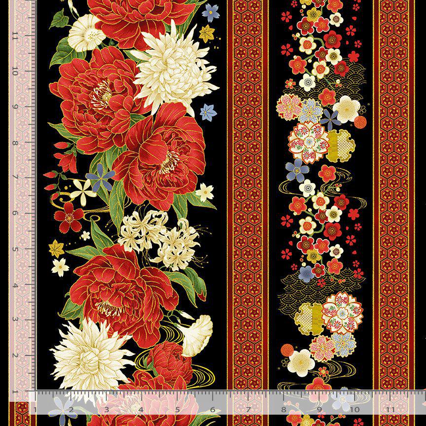 Quilting Cotton Lotus Garden Stripes Black Timeless Treasures