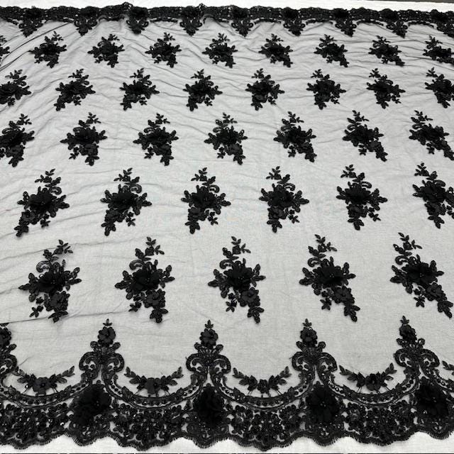 Luxury 3D Floral Beaded Lace Fabric - Embellished Mesh With Pearls, Black, Burgundy, Champagne, Dusty Rose, Hunter Green, Ivory, Lilac, Navy, Sage Mint, Baby Blue