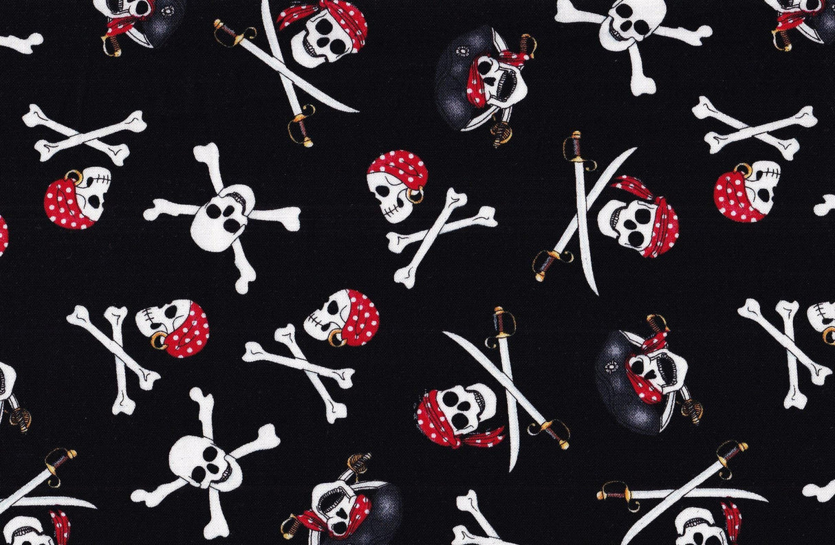Quilting Cotton Black Pirate Skulls Halloween 100% Cotton