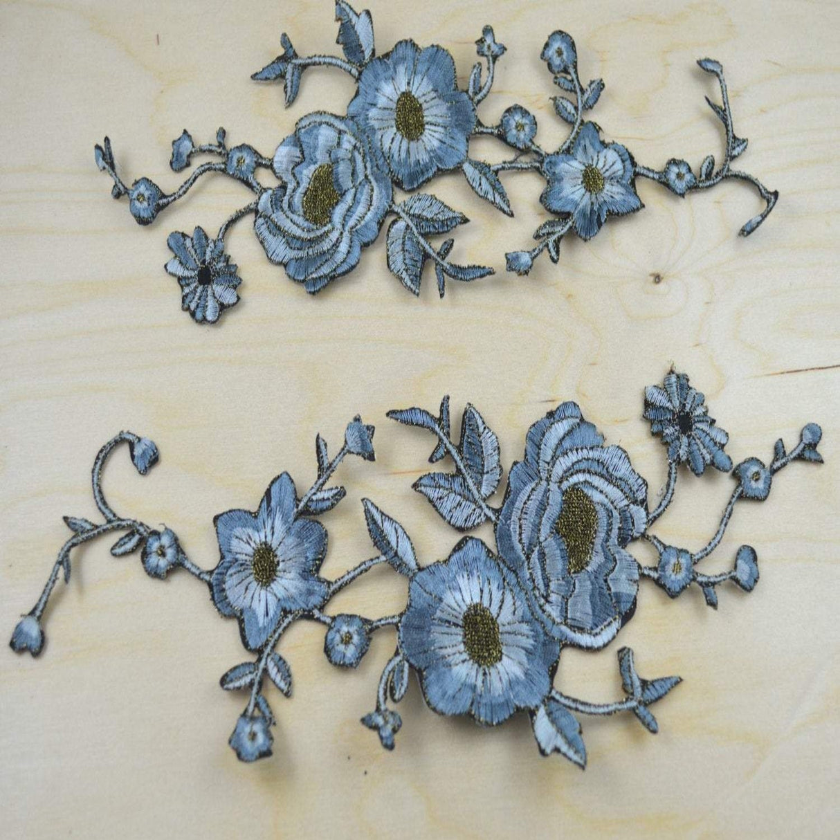 Flower Embroidery Patch Pale Blue Antique Gold
