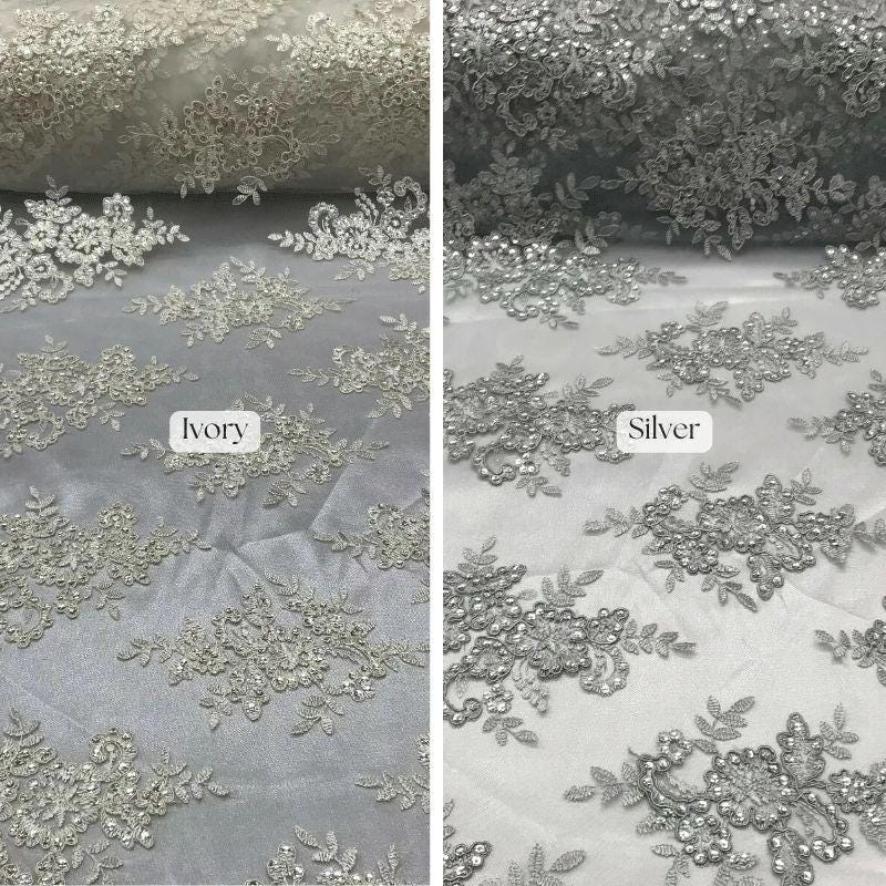 VT-12 Sequin And Beaded Lace Fabric - Multi-Color Floral Embroidery, 52" Width
