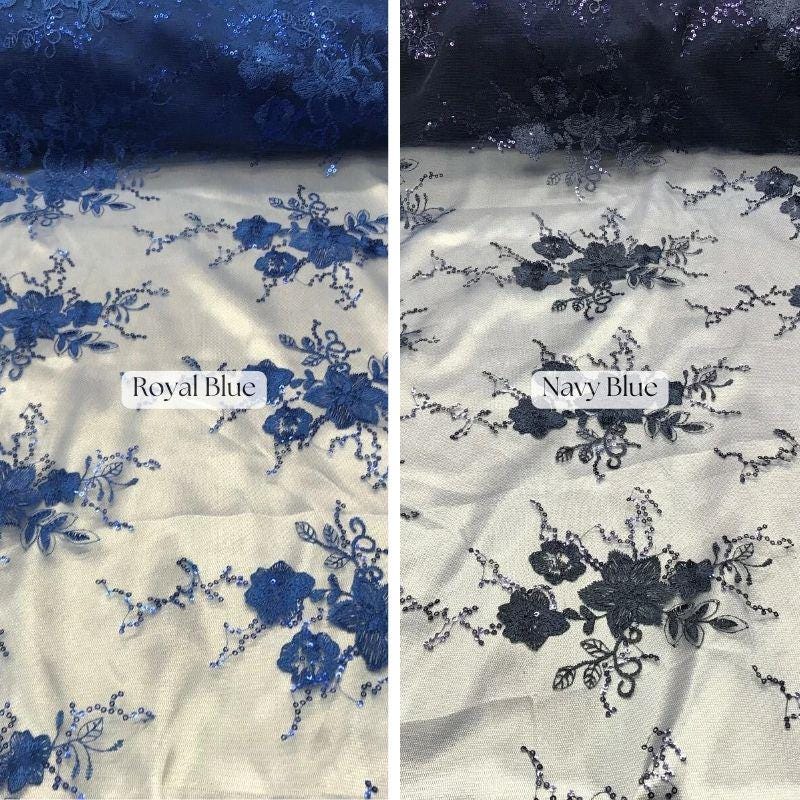 Floral Mesh Lace Fabric - Sequin Embroidery, Royal Blue, 52" Width
