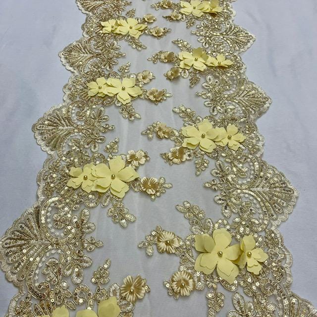 Gold Beaded Lace Table Runner Lace Fabric - Gold 3D Embroidered Lace With Pearls And Sequins, 13" Width